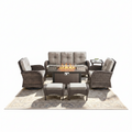 7 Piece Outdoor Patio Furniture Set, Patio Furniture Set with Fire Pit Table Rattan Wicker Patio Furniture Set, Brown Wicker & Beige Cushion