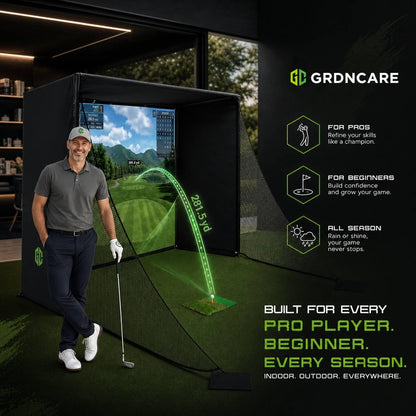 Golf Simulator Enclosure 10.7X8X5Ft & 8.5X8.5X5Ft | Light-Proof HD/4K Silent Impact Screen, Indoor/Outdoor Golf Simulators for Home Includes Mat, Foam-Padded Iron Poles, Shank Net, Sandbag & Bonus Kit