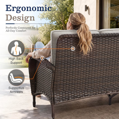 7 Piece Outdoor Patio Furniture Set, Patio Furniture Set with Fire Pit Table Rattan Wicker Patio Furniture Set, Brown Wicker & Beige Cushion
