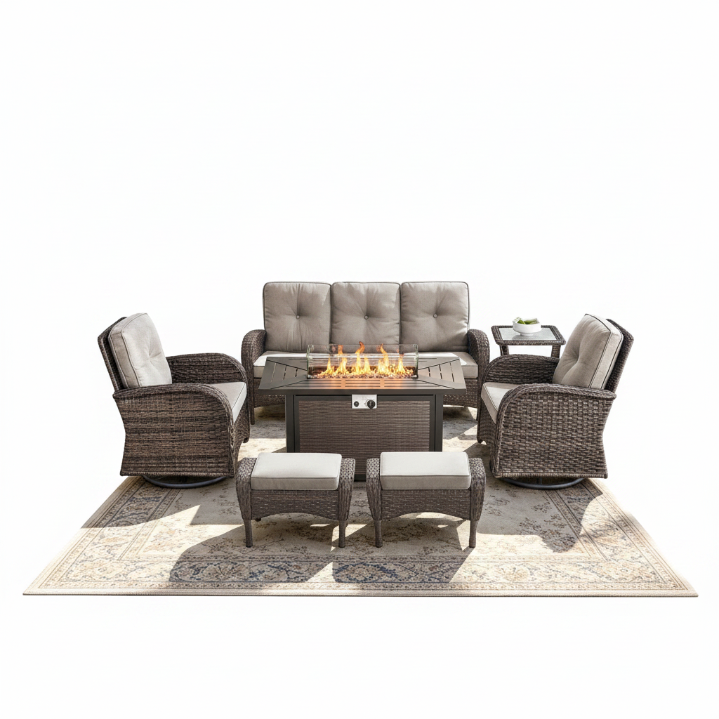 7 Piece Outdoor Patio Furniture Set, Patio Furniture Set with Fire Pit Table Rattan Wicker Patio Furniture Set, Brown Wicker & Beige Cushion