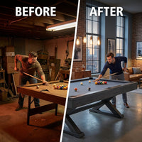 8 Foot Pool Table Built for Home Game Rooms, 1-Inch Slate Playing Surface, Solid Wood Rails, Premium Wool Blend — Before & After