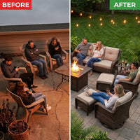 9-Piece Outdoor Patio Furniture Set with Fire Pit Table,Swivel Chairs and 6" Thick Cushions,Sectional Sofa and Ottomans,Patio Conversation Set for Porch Deck Garden Backyard — Before & After