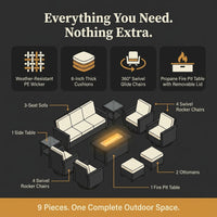 9-Piece Outdoor Patio Furniture Set with Fire Pit Table,Swivel Chairs and 6" Thick Cushions,Sectional Sofa and Ottomans,Patio Conversation Set for Porch Deck Garden Backyard — Results & Stats