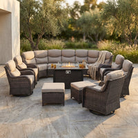 9-Piece Outdoor Patio Furniture Set with Fire Pit Table,Swivel Chairs and 6" Thick Cushions,Sectional Sofa and Ottomans,Patio Conversation Set for Porch Deck Garden Backyard — Studio Shot