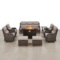 9-Piece Outdoor Patio Furniture Set with Fire Pit Table,Swivel Chairs and 6" Thick Cushions,Sectional Sofa and Ottomans,Patio Conversation Set for Porch Deck Garden Backyard — Studio Shot