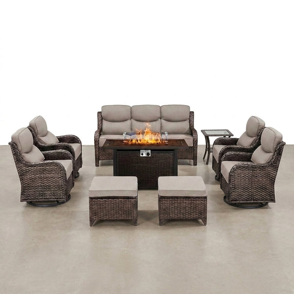 9-Piece Outdoor Patio Furniture Set with Fire Pit Table,Swivel Chairs and 6" Thick Cushions,Sectional Sofa and Ottomans,Patio Conversation Set for Porch Deck Garden Backyard — Studio Shot