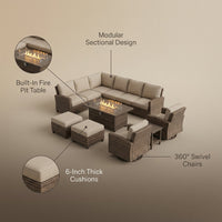 9-Piece Outdoor Patio Furniture Set with Fire Pit Table,Swivel Chairs and 6" Thick Cushions,Sectional Sofa and Ottomans,Patio Conversation Set for Porch Deck Garden Backyard — infographic