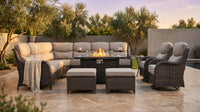9-Piece Outdoor Patio Furniture Set with Fire Pit Table,Swivel Chairs and 6" Thick Cushions,Sectional Sofa and Ottomans,Patio Conversation Set for Porch Deck Garden Backyard — Lifestyle