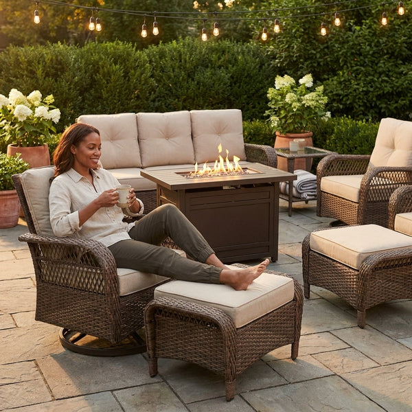 Outdoor Patio Furniture Set Built for All-Season Entertaining, Fire Pit Table, Swivel Chairs, 6-Inch Cushions