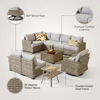 9 Pieces Patio Furniture Set outside Furniture Wicker Patio Conversation Set with Swivel Chairs, Outdoor Furniture for Garden, Gray — infographic