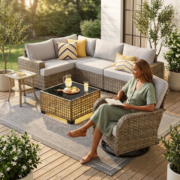 Patio Furniture Set Built for Outdoor Living, Swivel Chairs, Wicker Construction, 9 Piece Conversation Set