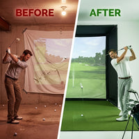 DIY Golf Simulator Impact Screen Frame Enclosure Kit Set, Use with Simulators, Durable Fabric with Velcro, Reinforced Black Border, 9.8'X9.8'X4.9' — Before & After