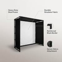 DIY Golf Simulator Impact Screen Frame Enclosure Kit Set, Use with Simulators, Durable Fabric with Velcro, Reinforced Black Border, 9.8'X9.8'X4.9' — infographic