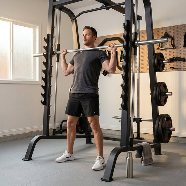 Smith Machine Built for Home Strength Training, Adjustable Bar Heights, Safety Features, Metal Frame