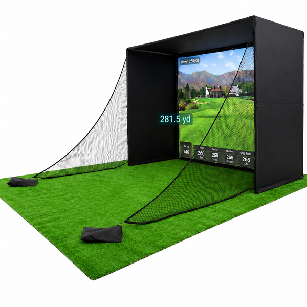 Golf Simulator Enclosure 10.7X8X5Ft & 8.5X8.5X5Ft | Light-Proof HD/4K Silent Impact Screen, Indoor/Outdoor Golf Simulators for Home Includes Mat, Foam-Padded Iron Poles, Shank Net, Sandbag & Bonus Kit