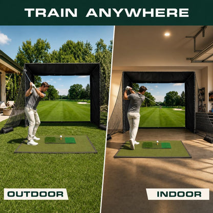 Golf Simulator Enclosure 10.7X8X5Ft & 8.5X8.5X5Ft | Light-Proof HD/4K Silent Impact Screen, Indoor/Outdoor Golf Simulators for Home Includes Mat, Foam-Padded Iron Poles, Shank Net, Sandbag & Bonus Kit