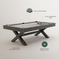8 Foot Pool Table Built for Home Game Rooms, 1-Inch Slate Playing Surface, Solid Wood Rails, Premium Wool Blend — infographic