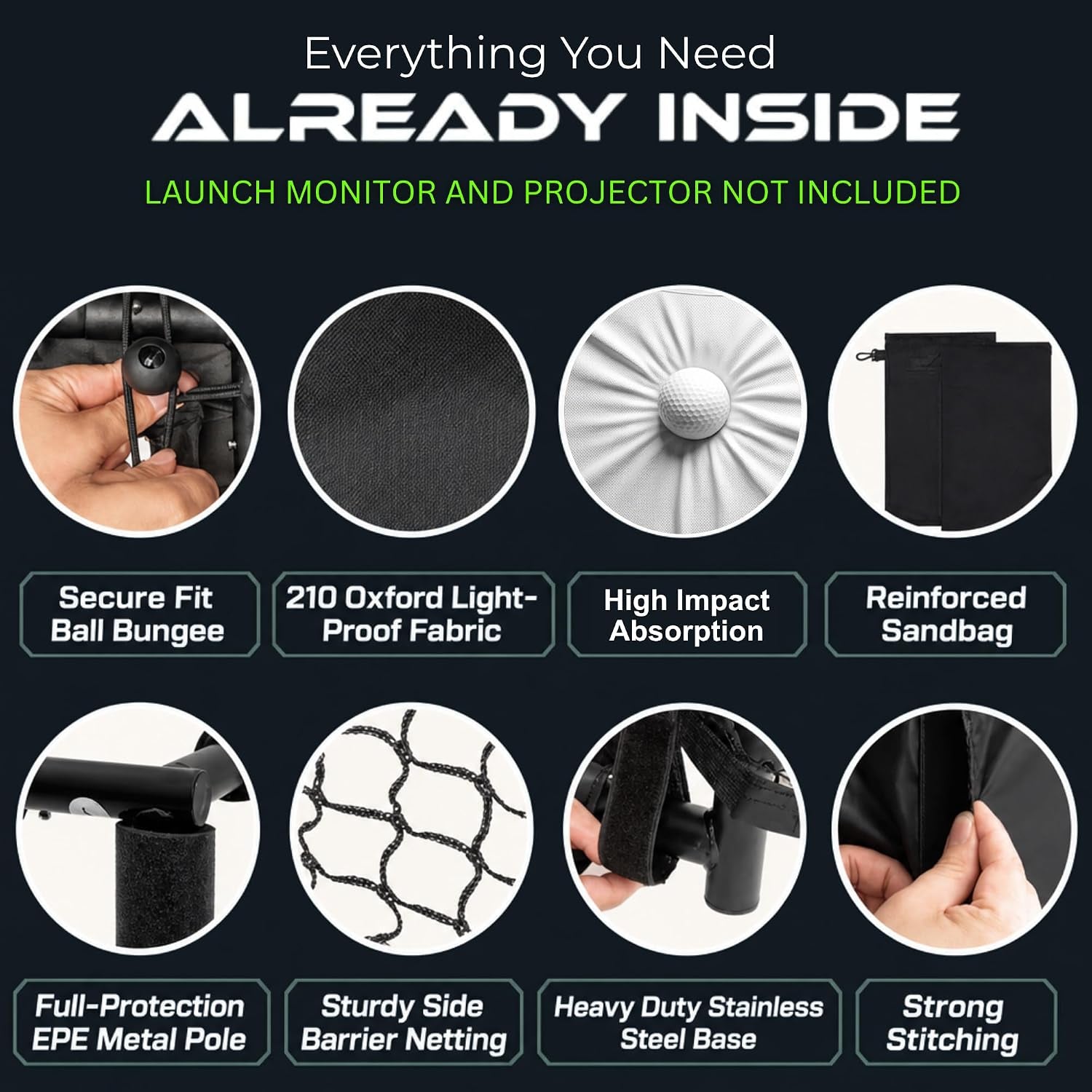 Golf Simulator Enclosure 10.7X8X5Ft & 8.5X8.5X5Ft | Light-Proof HD/4K Silent Impact Screen, Indoor/Outdoor Golf Simulators for Home Includes Mat, Foam-Padded Iron Poles, Shank Net, Sandbag & Bonus Kit